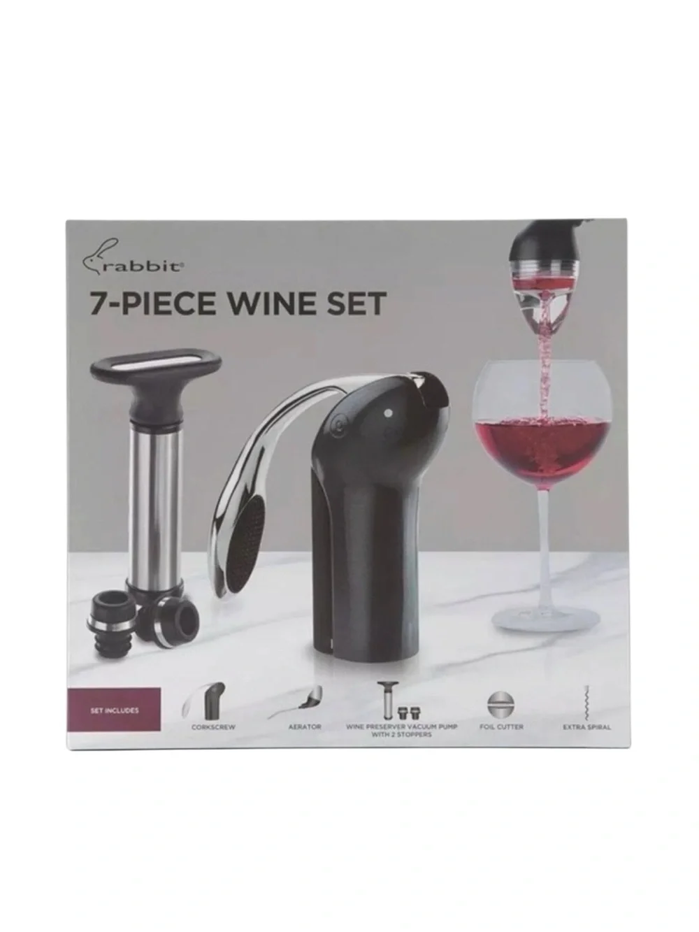 Rabbit 7-Piece Wine Bar Gift Set Manual Corkscrew Vacuum Pump Foil Cutter NIB